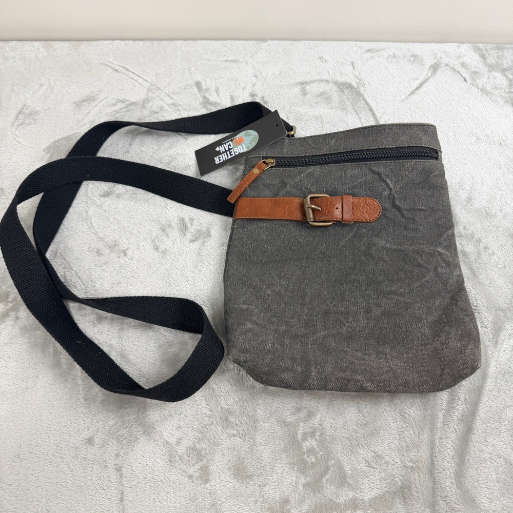 Mona B Aldrich Upcycled Canvas Crossbody Bag Grey Brown Buckle